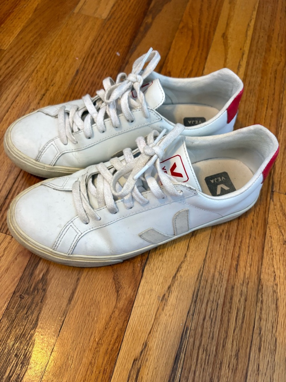 Veja White Leather Sneakers with Red Heel Tab